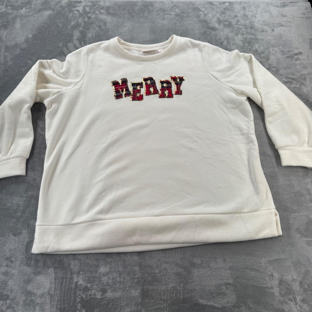 Jingle Belles Kim Gravel Merry Christmas Sweatshirt XL Cream Plaid Sequin Fleece - Picture 2 of 8